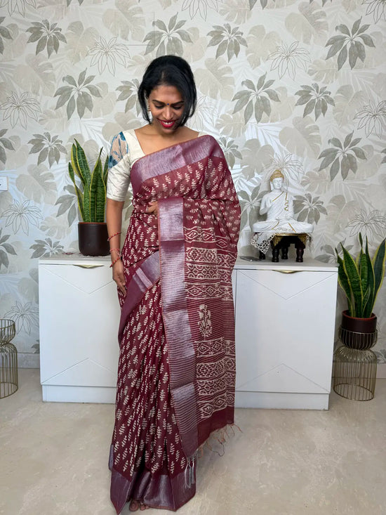 Maroon Cotton Saree with Block Print and Batik Pallu