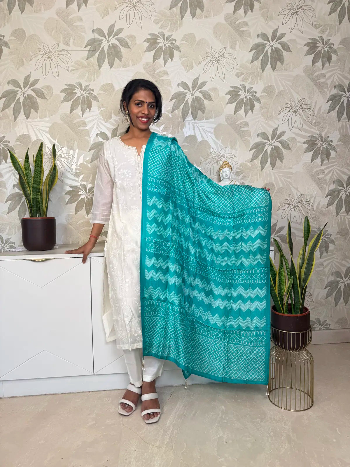 White Embroidered Salwar Set with Sky Blue Shibori Dupatta