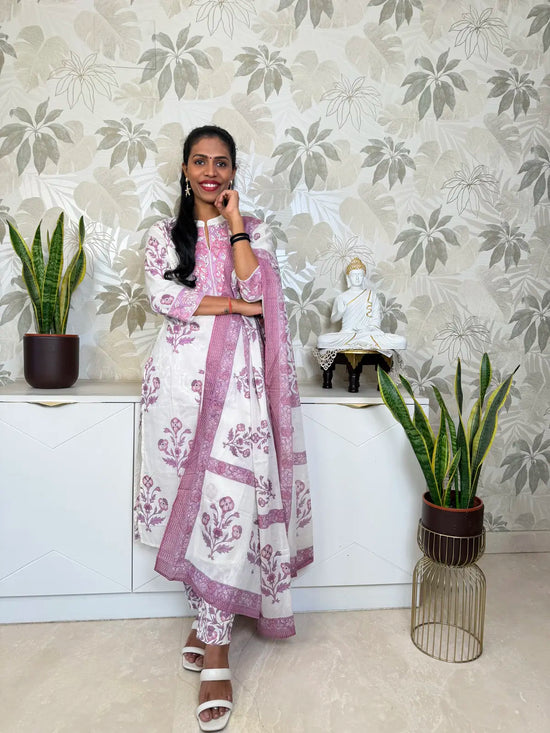 Cream White Cotton Salwar Set with Purple Floral Motifs