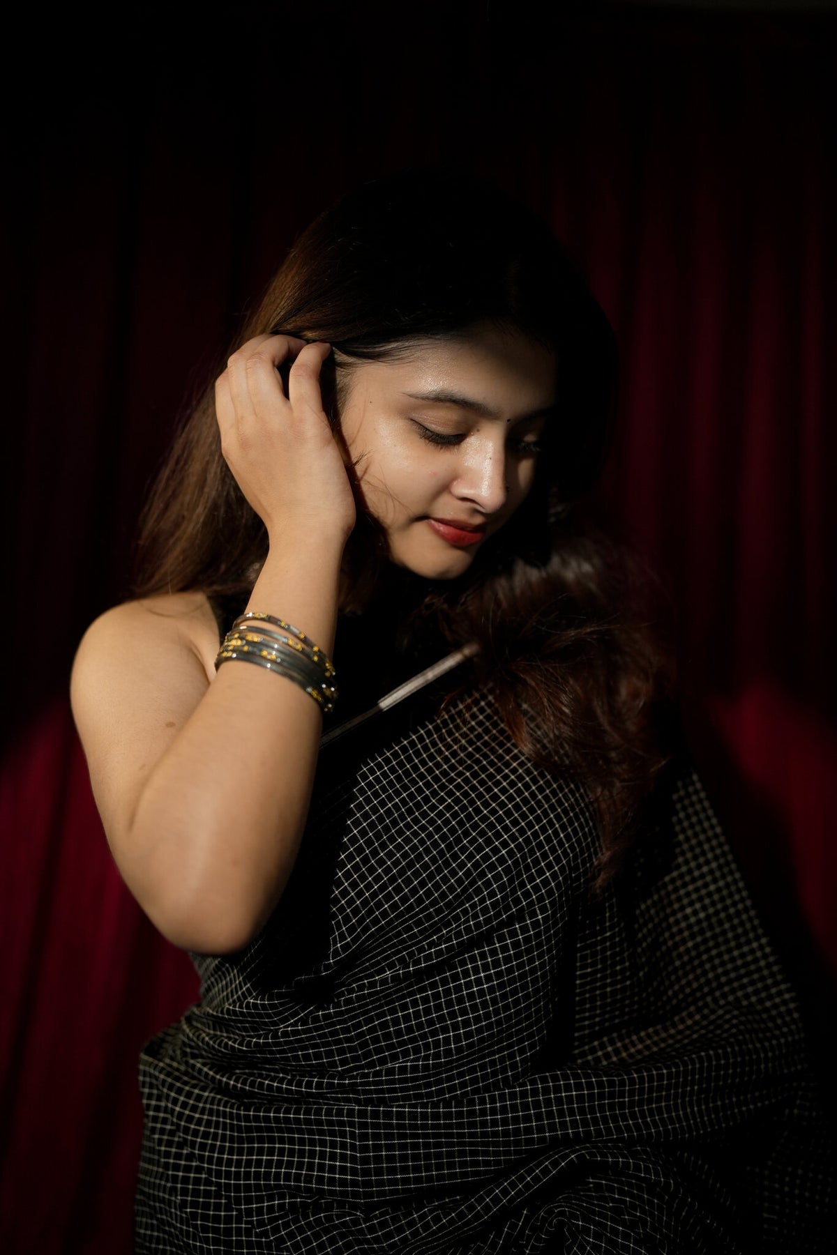Patteda Anchu Cotton Saree – Black & White Checks