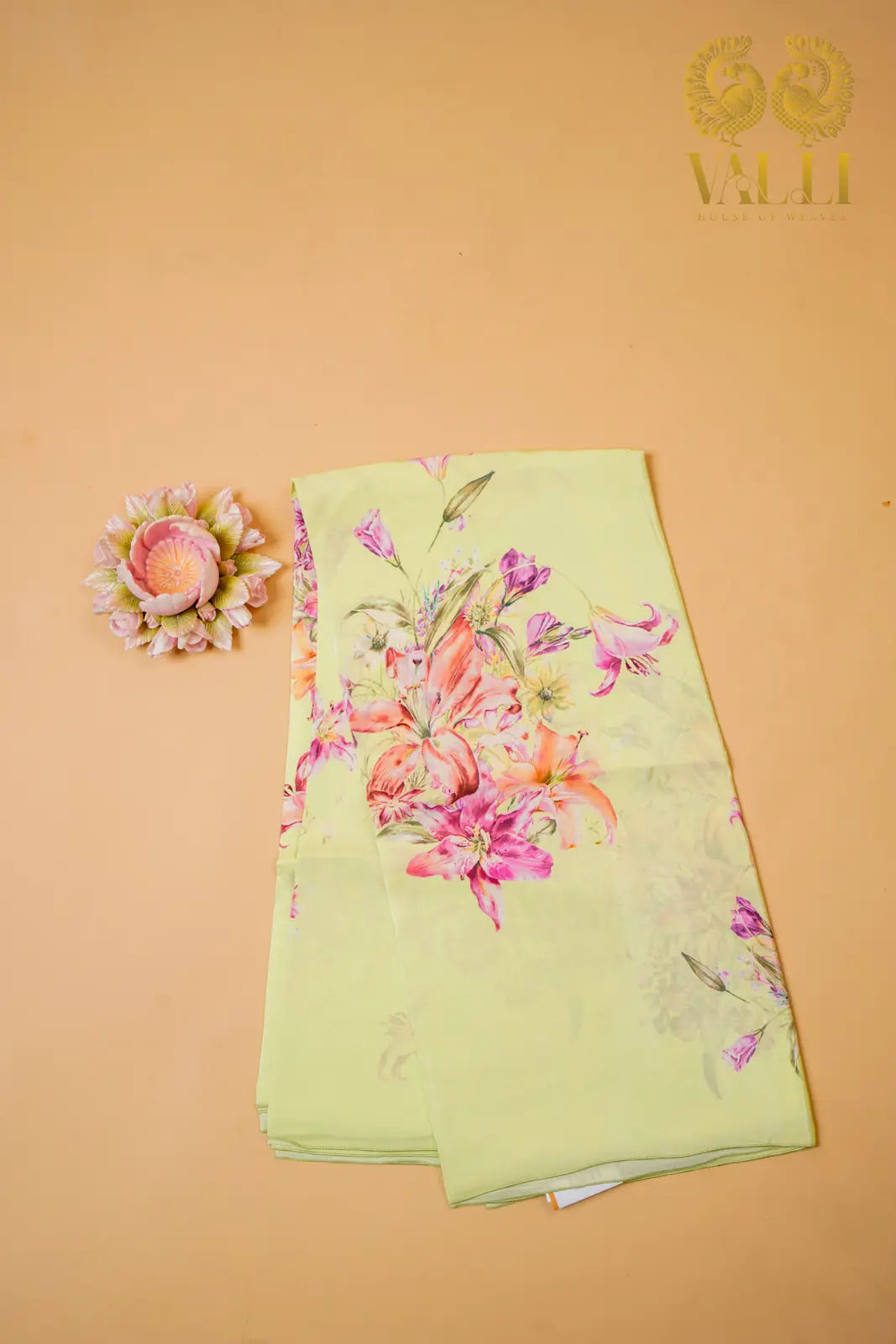 Green Floral Satin Crepe Saree – Lightweight Digital Print Elegance