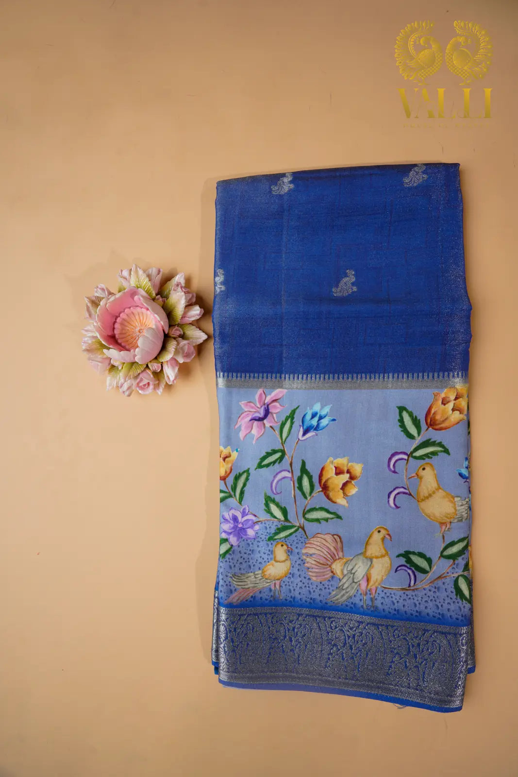 Printed Silk Saree with Zari Border – Royal Blue with Floral & Bird Motifs
