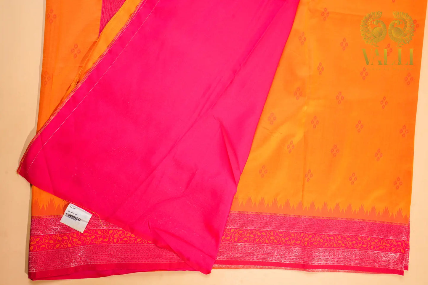 Traditional Soft Silk Saree – Mustard Yellow with Ikat Motifs & Contrast Pink Brocade Pallu