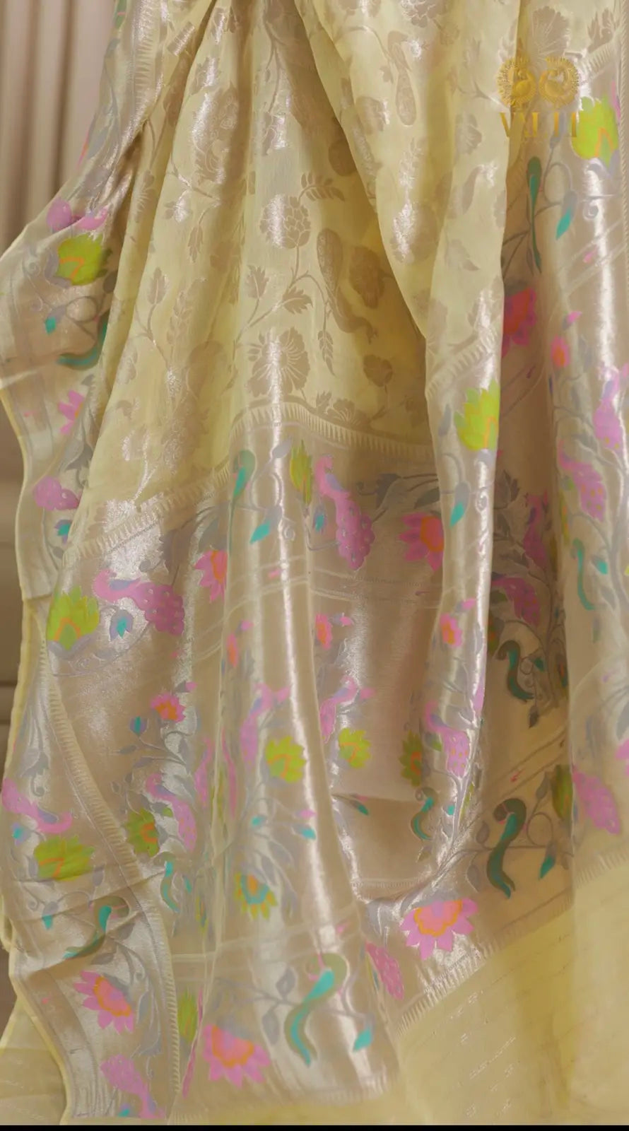 Soft Georgette Silver Jaal Paithani Saree - lemon yellow 