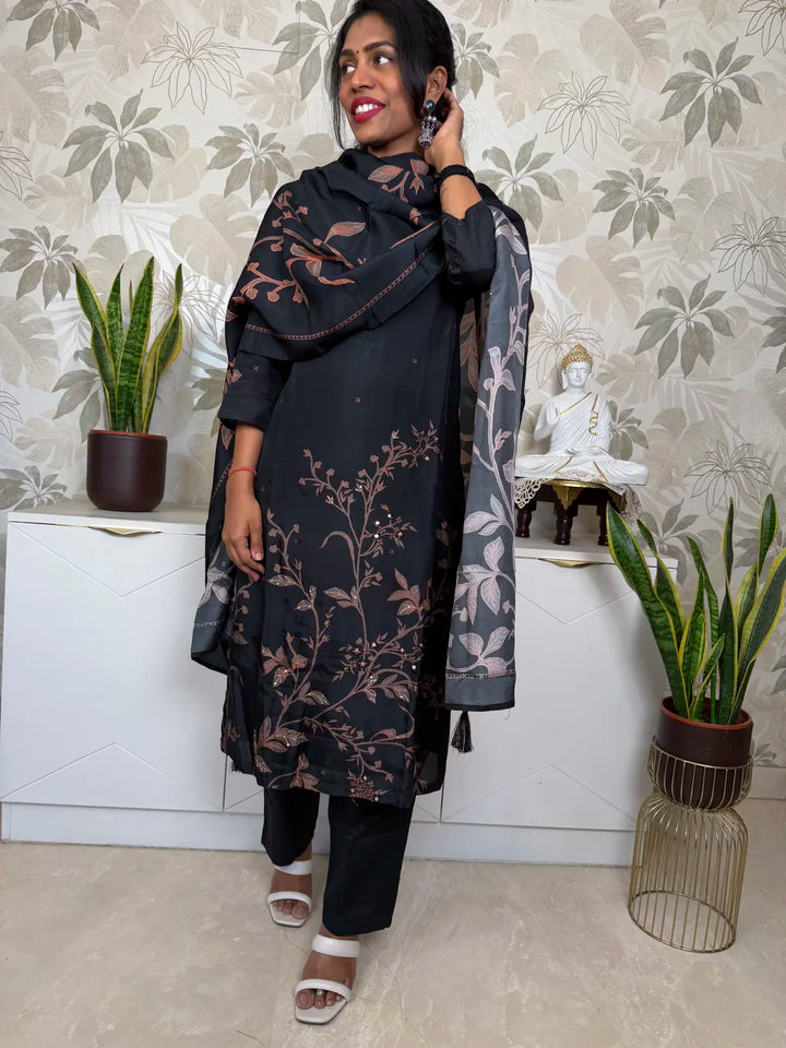 Black Silk Salwar Set with Orange Leaf Motifs