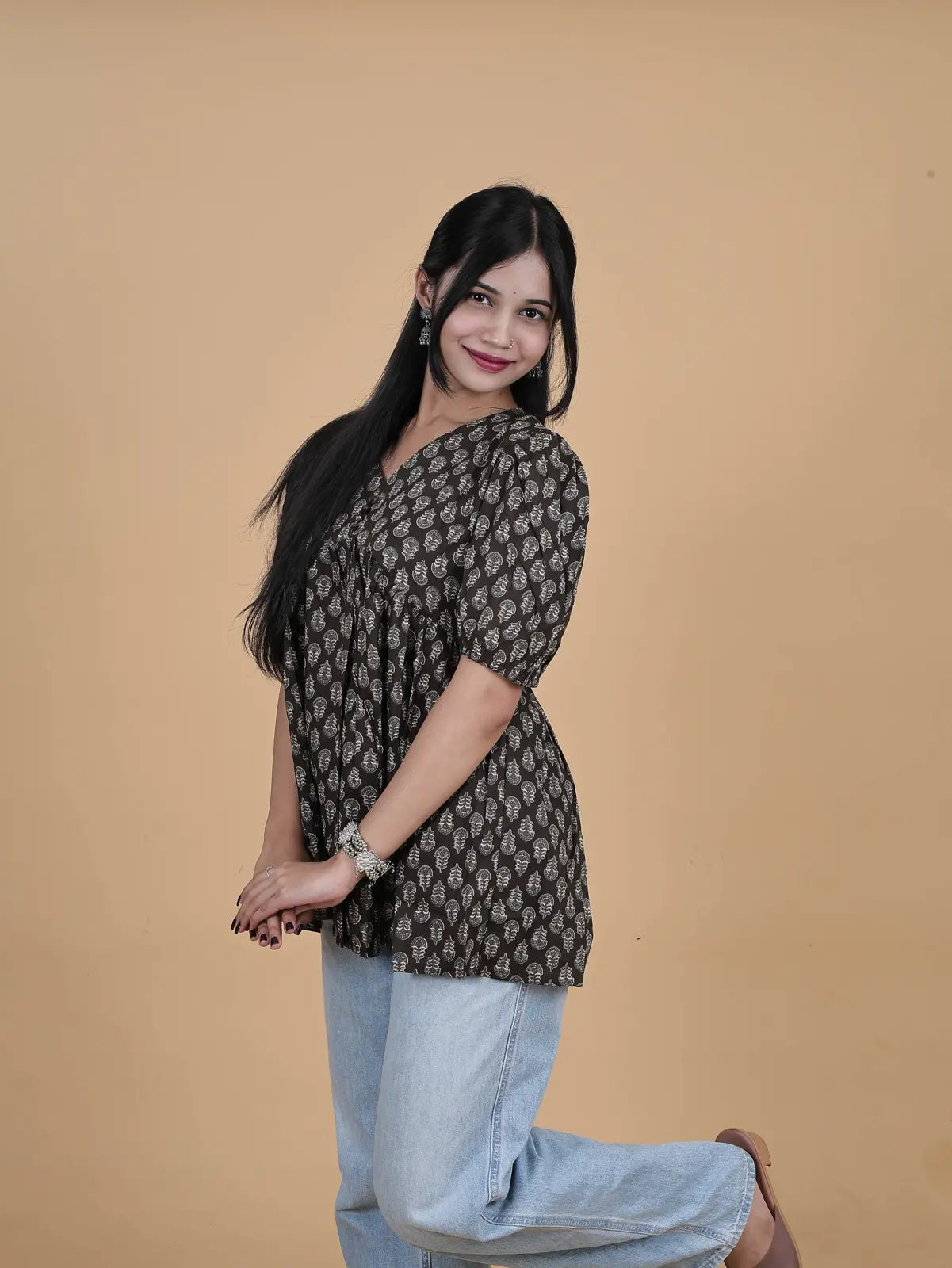 Black Block Print Alia-Cut Short Top Kurti