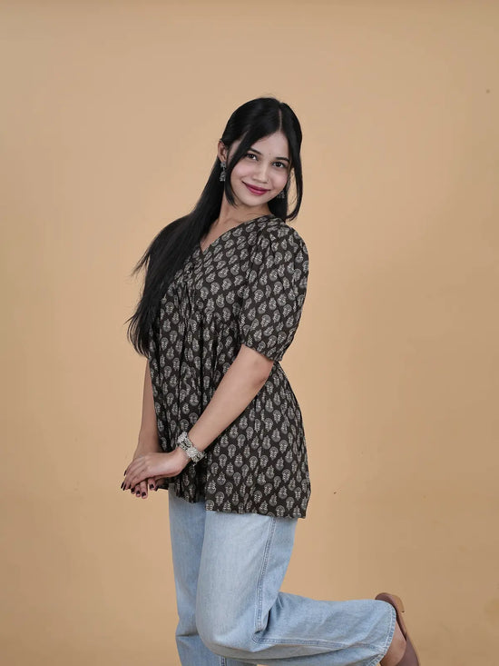 Black Block Print Alia-Cut Short Top Kurti