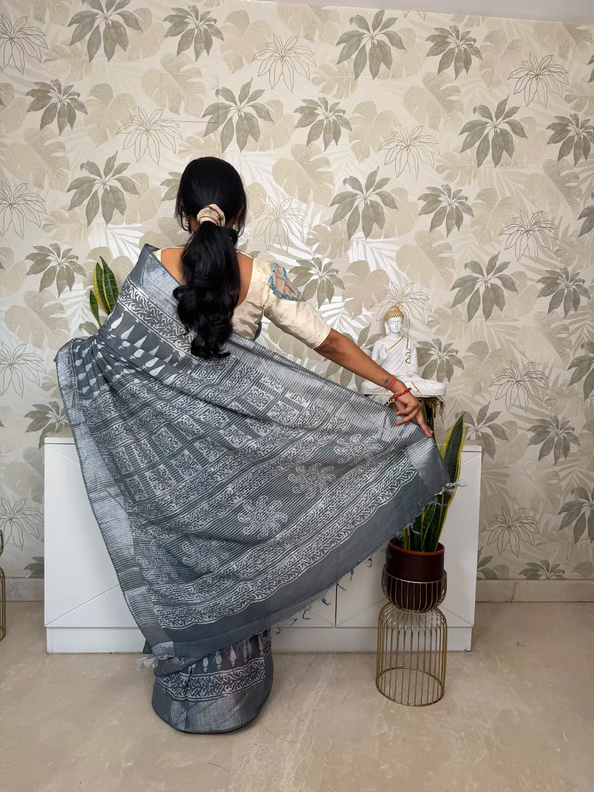 Grey Cotton Saree with Block Print  and Batik Pallu