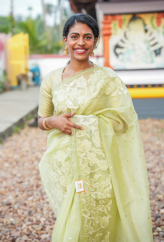Pastel Green Embroidered Fancy Saree with Self Blouse