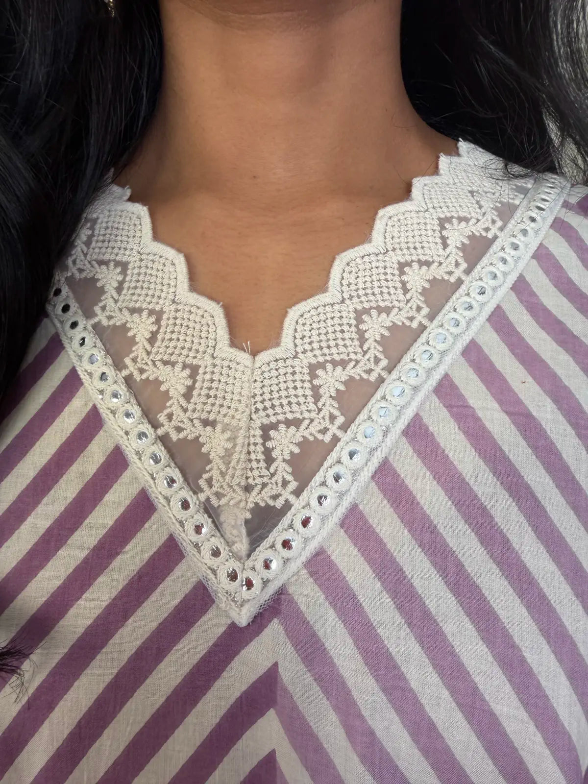 Off-White and Lavender Salwar Set with Stripe and Floral Design