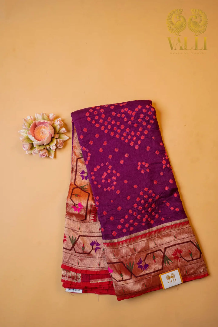 Bhandini Saree with Paithani Border & Pallu – Royal Purple Elegance with red butta blouse 