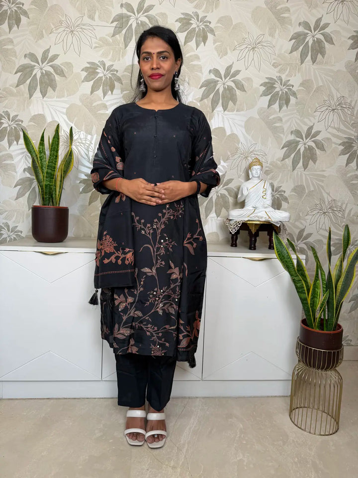 Black Silk Salwar Set with Orange Leaf Motifs