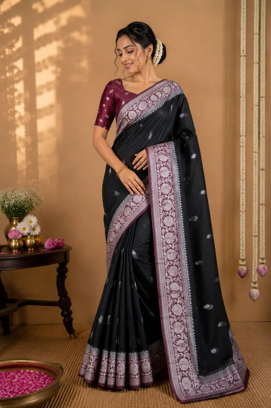 Black Chiffon Saree with Elegant Silver Zari Border