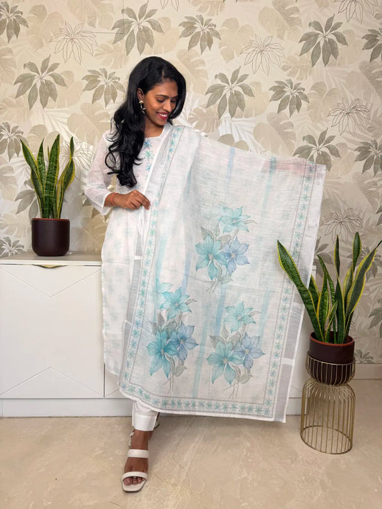White Linen Salwar Set with Blue-Green Floral Digital Print