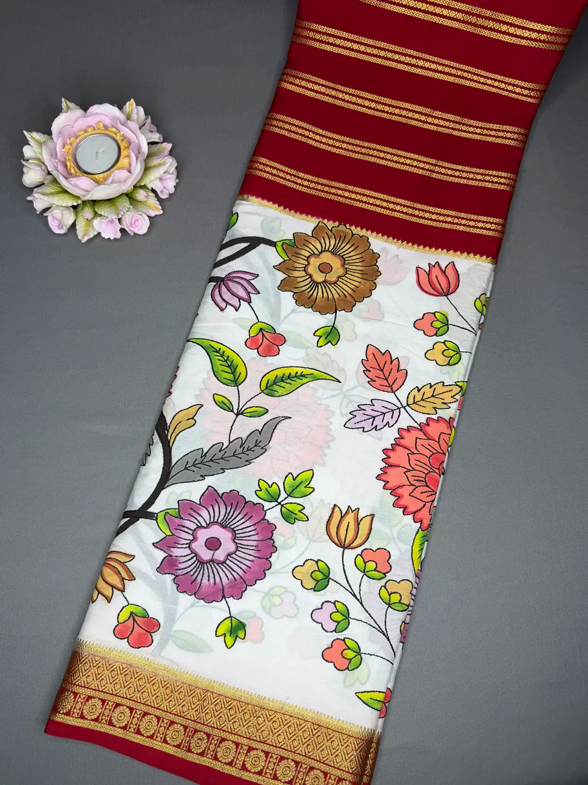 Stripes Kantha Mysore crepe silk red 