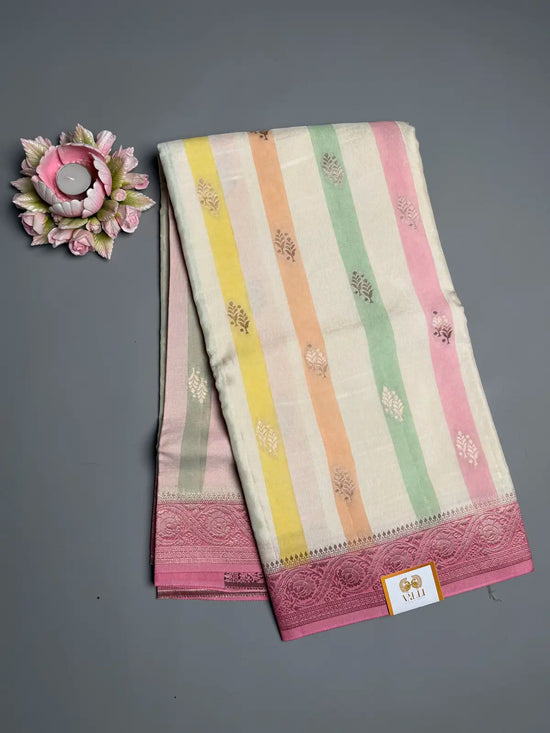 Pastel Striped Saree with Baby Pink Border & Rich Brocade Pallu