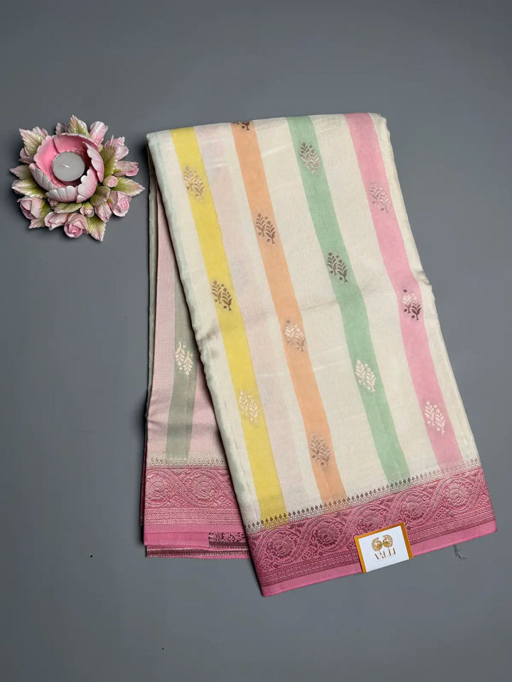 Pastel Striped Saree with Baby Pink Border & Rich Brocade Pallu
