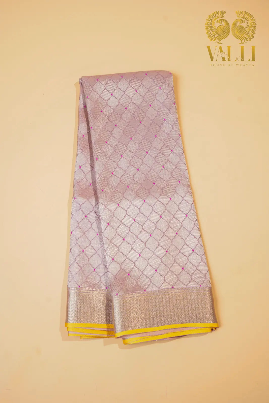 Blush Pink Banarasi Crepe Silk Saree with Yellow Selvage