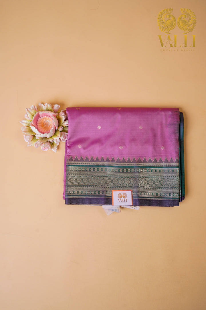 Kanchi Soft Silk Saree – Pastel Onion Pink with Teal Pillayar Katam Border