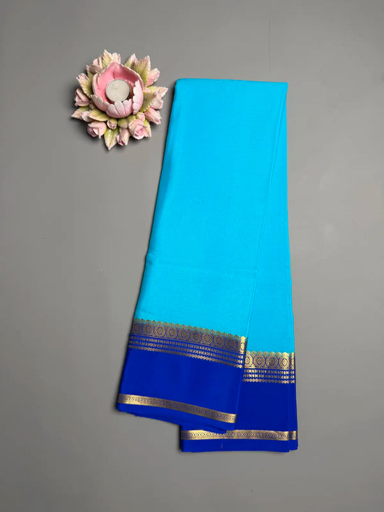 Sky Blue pure Mysore Crepe Silk Saree with Royal Blue Contrast