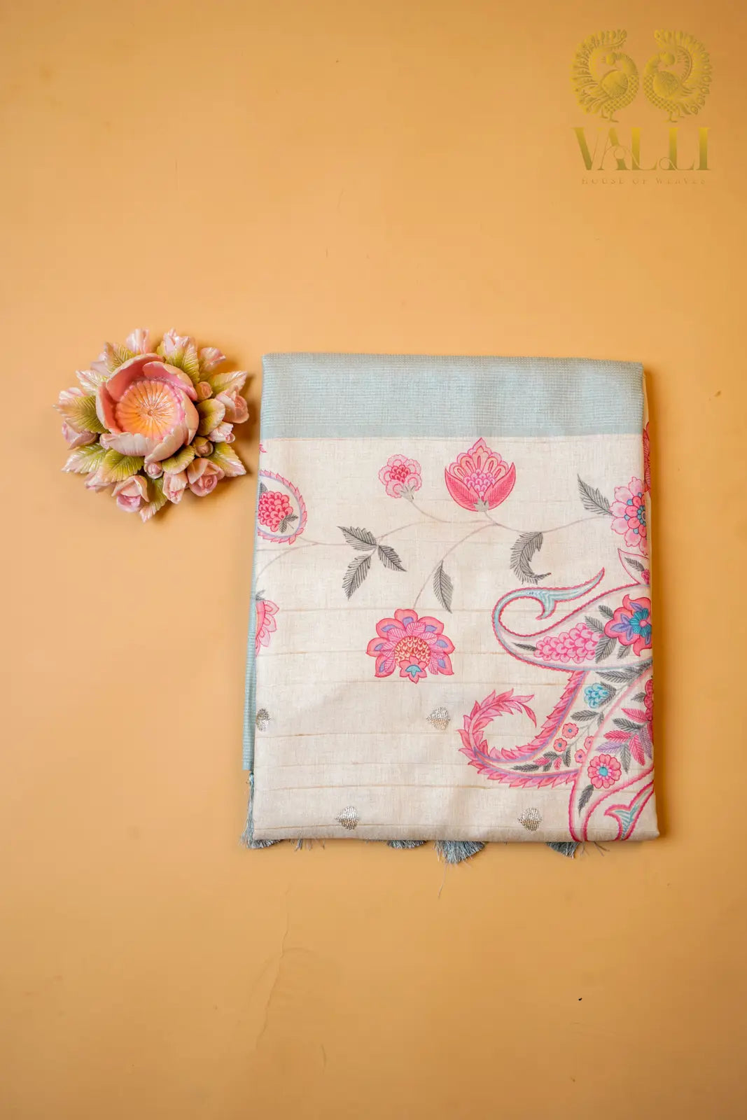 Ivory & Pastel Blue Tussar Silk Saree with Floral Digital Print & Zari Border