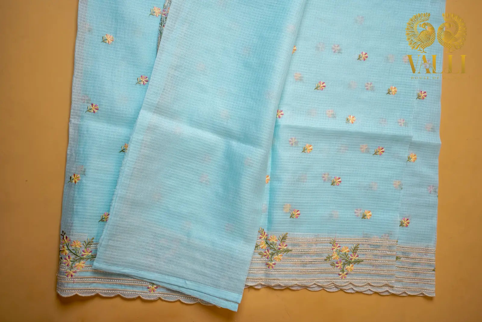 Powder Blue Kota Embroidery Saree with Scallop Border