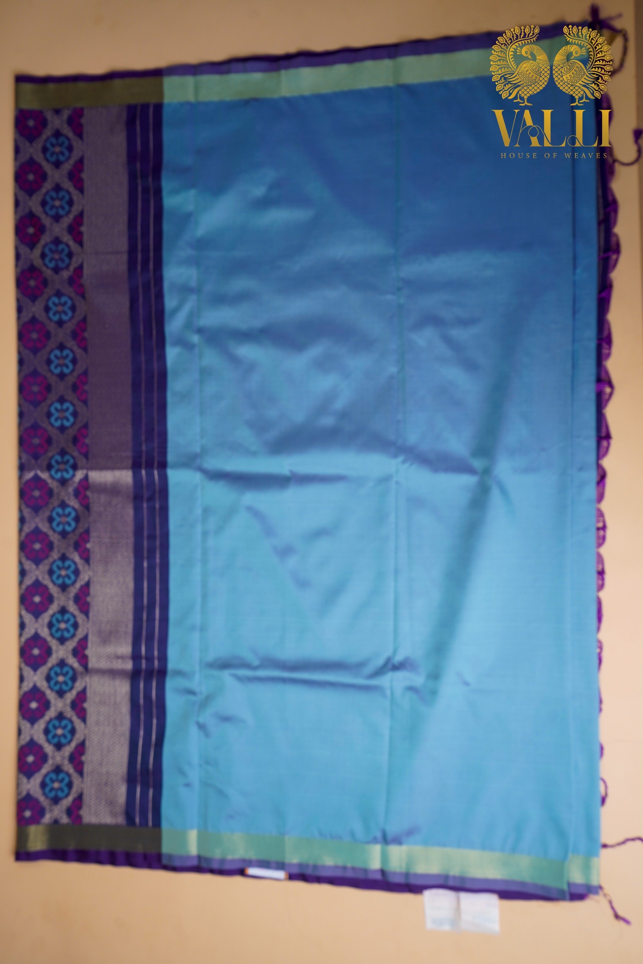 Teal blue  Saree with Heavy Ikat dark blue Pallu & Zari Border