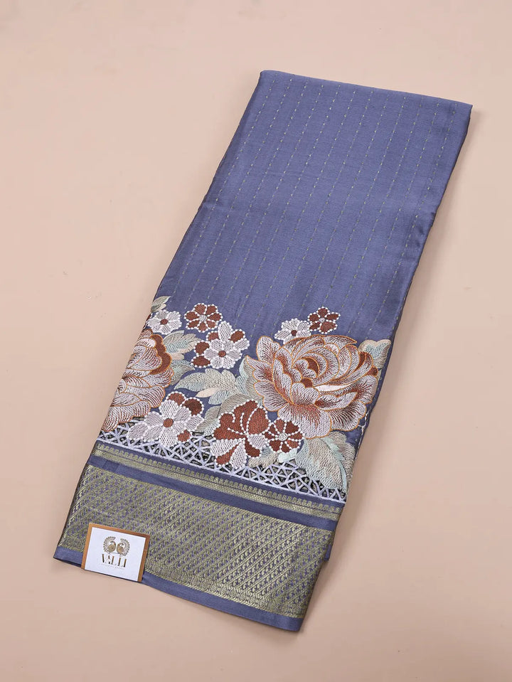 Pure Crepe Silk Saree – Grey with Floral Embroidery