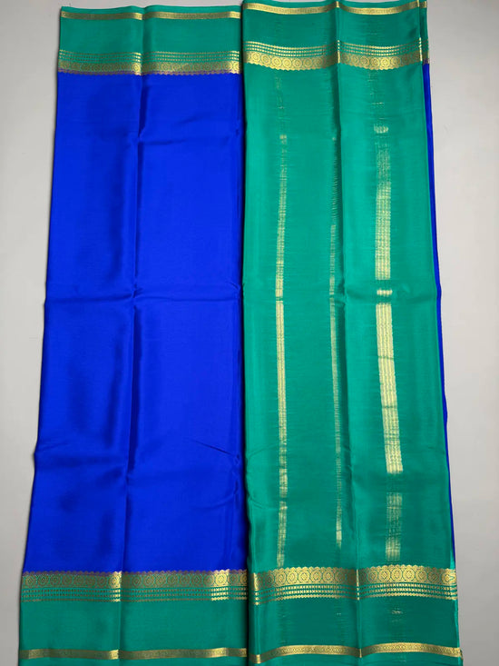Royal Blue pure Mysore Crepe Silk Saree with Green Contrast
