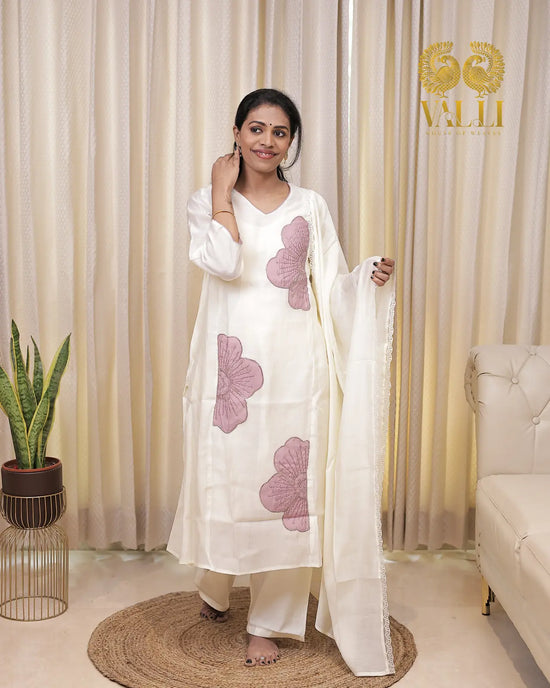 Lavender flower white mul Chanderi salwar set