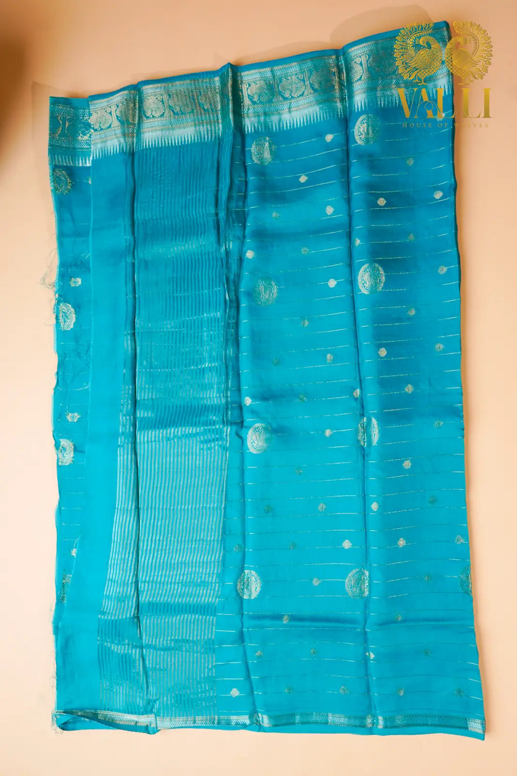 Contrast Zari Woven Silk Saree – Teal Green with Navy Blue Blouse
