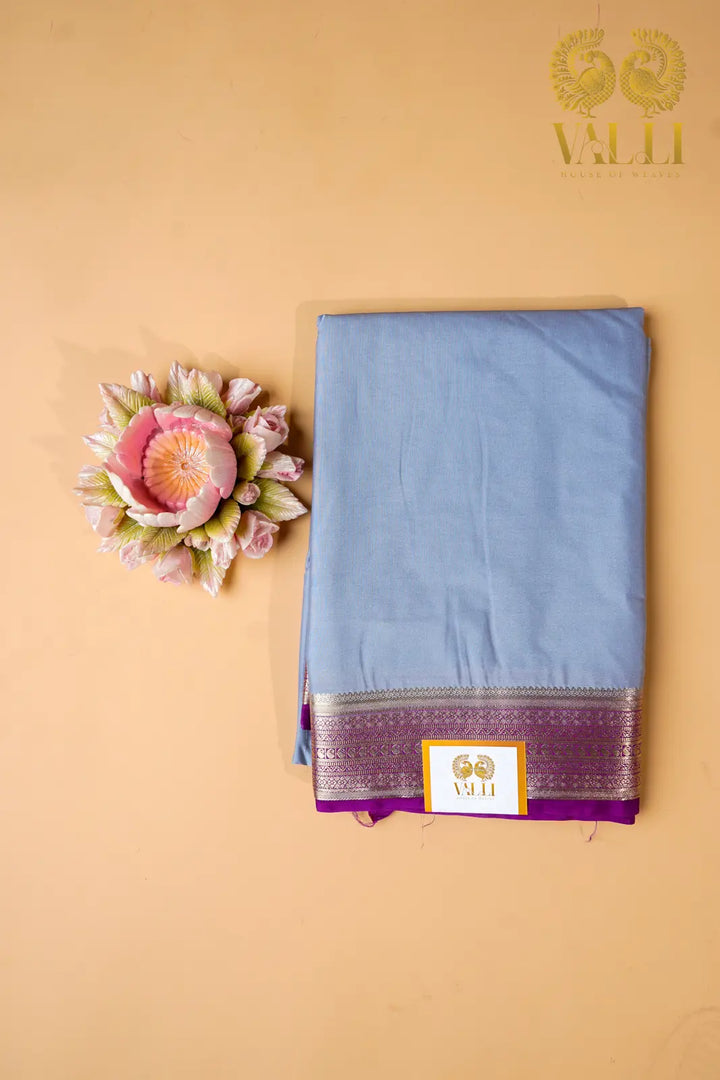 Contrast Border Semi Crepe Silk Saree with Silver Zari Border & Pallu -grey + purple 