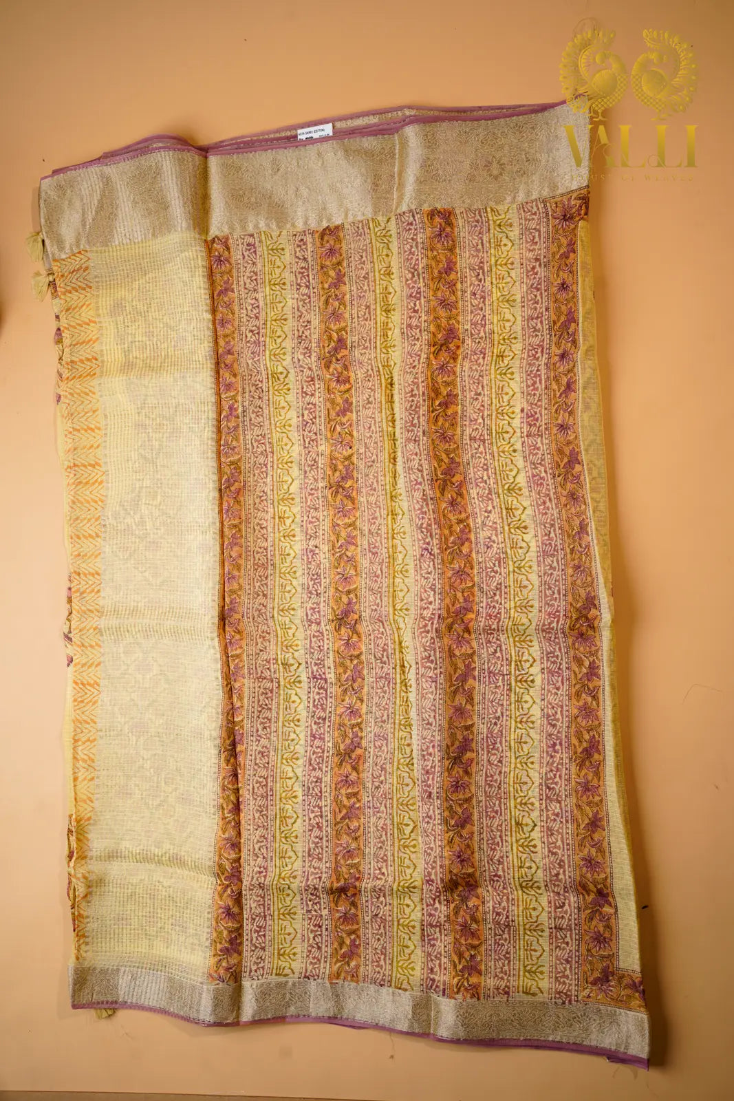 Pastel Yellow Kota Cotton Block Print Saree with Zari Border