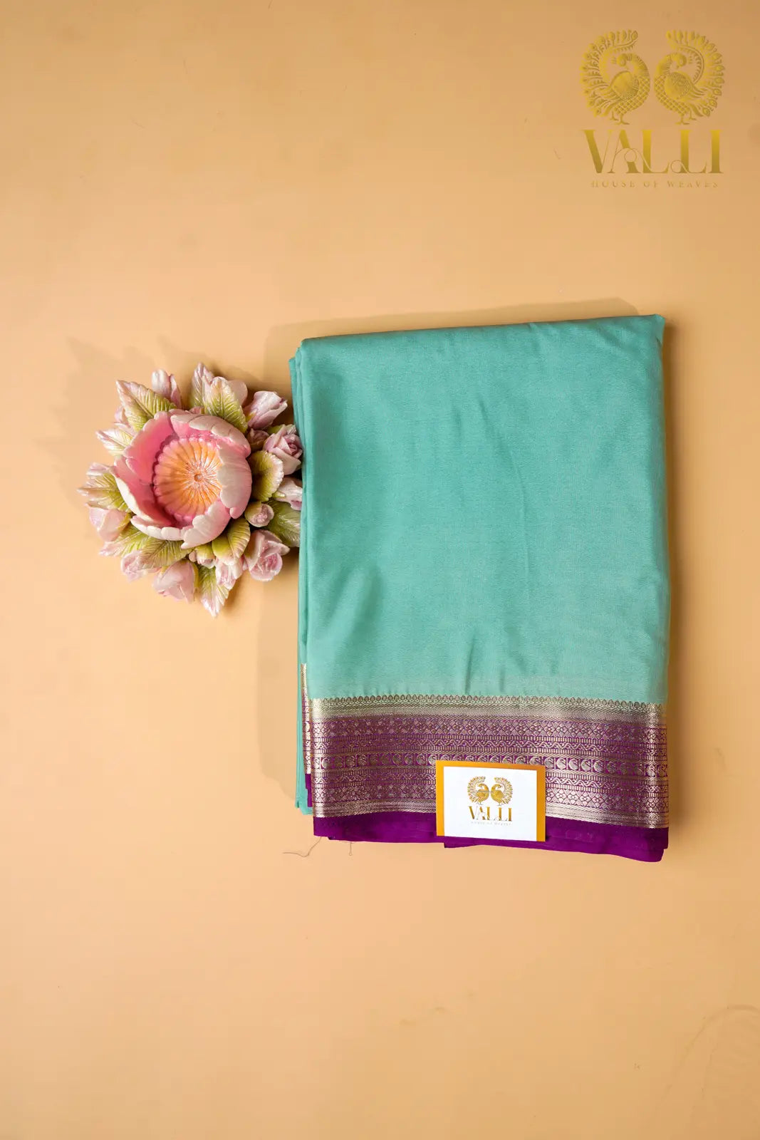 Contrast Border Semi Crepe Silk Saree with Silver Zari Border & Pallu -sea green + purple 