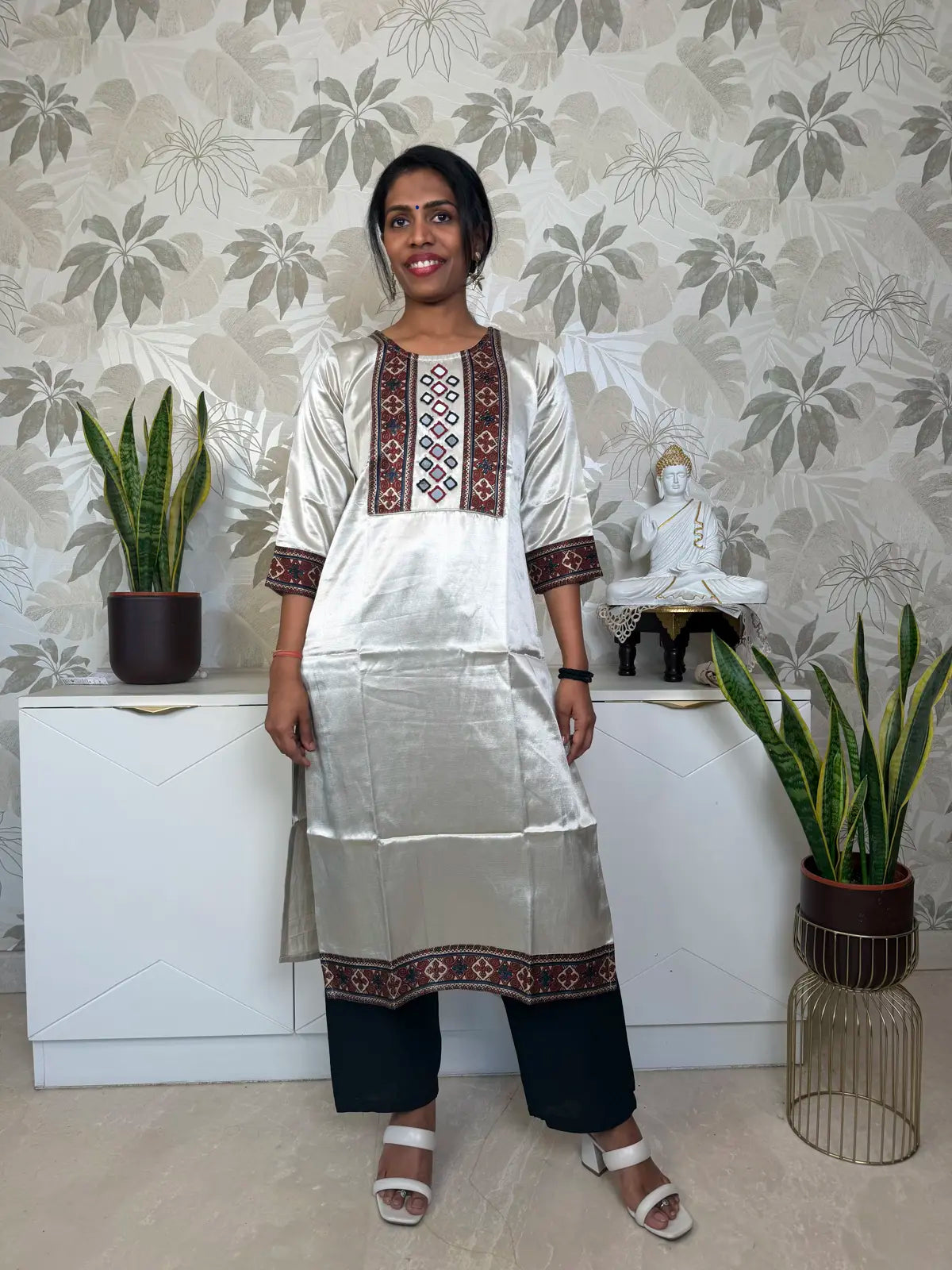White Satin Kurti with Ajrakh Patchwork and Mirror Detailing