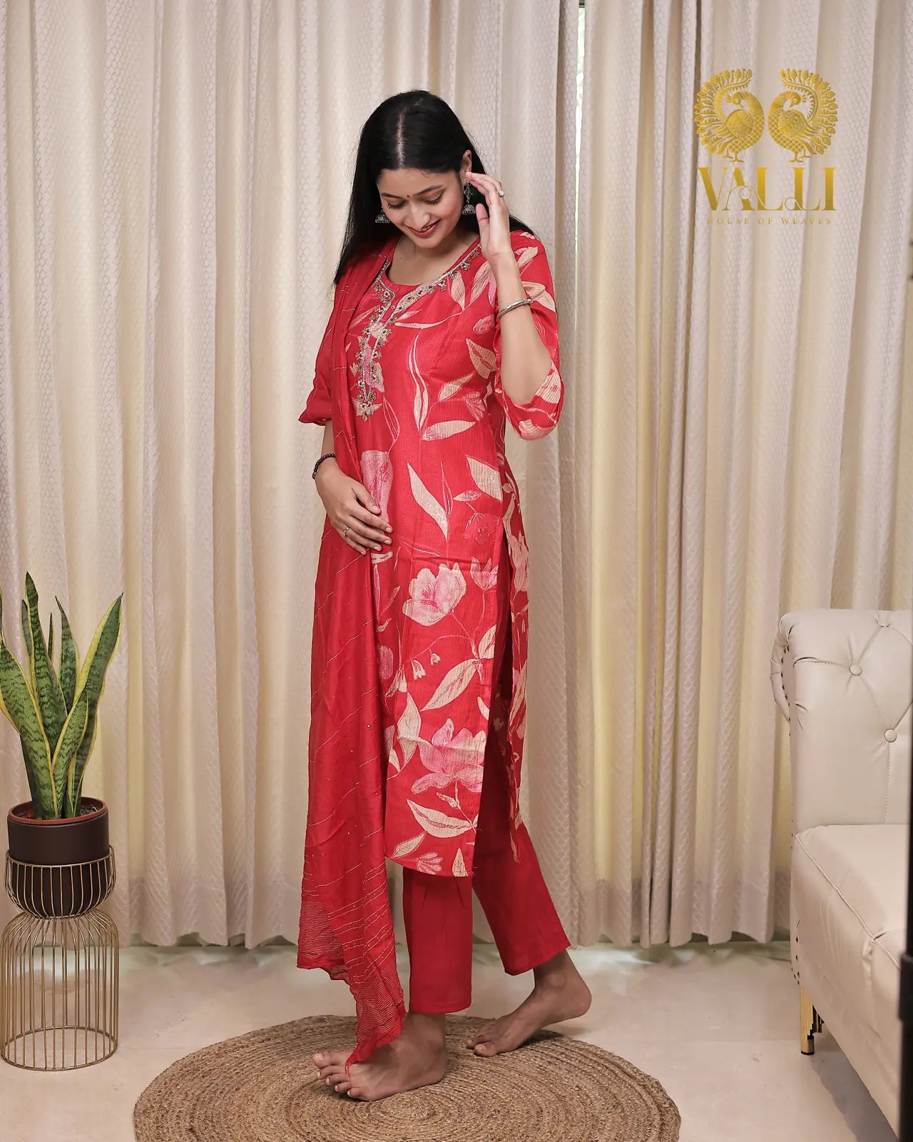 Red rayon digital print 3pc set straight cut with slit