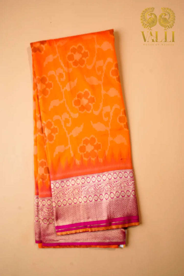 Orange Semi Banarasi Silk Saree with Pink Zari Border