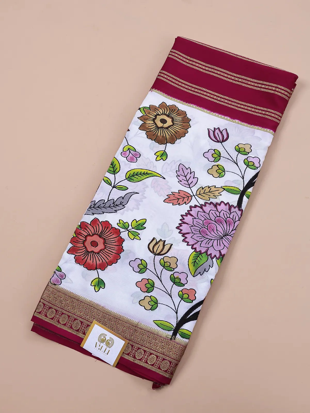 Pure Crepe Silk Saree – Rani Pink with Kantha Hand-Painted Work