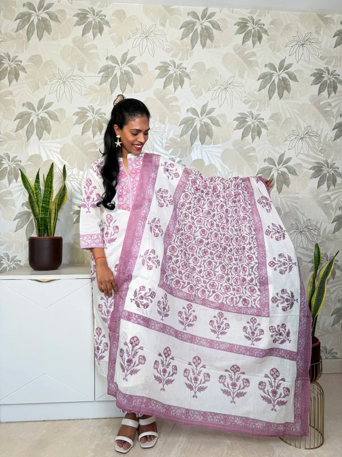Cream White Cotton Salwar Set with Purple Floral Motifs