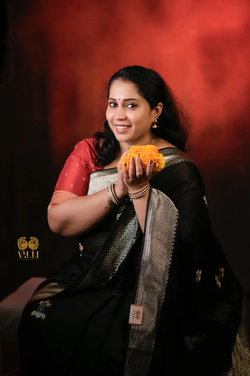 Black Satin Banarasi Saree – Geometric Pallu with Tassel Detailing