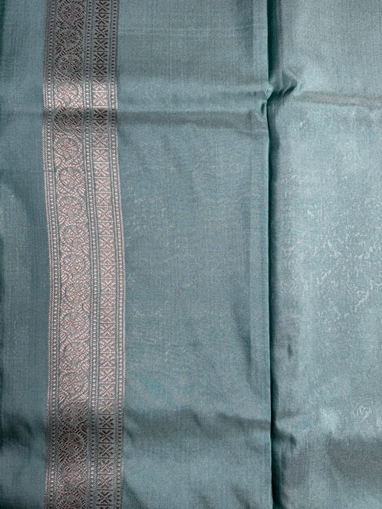 Powder Blue Semi Banarasi Silk Saree with Silver Zari Weave
