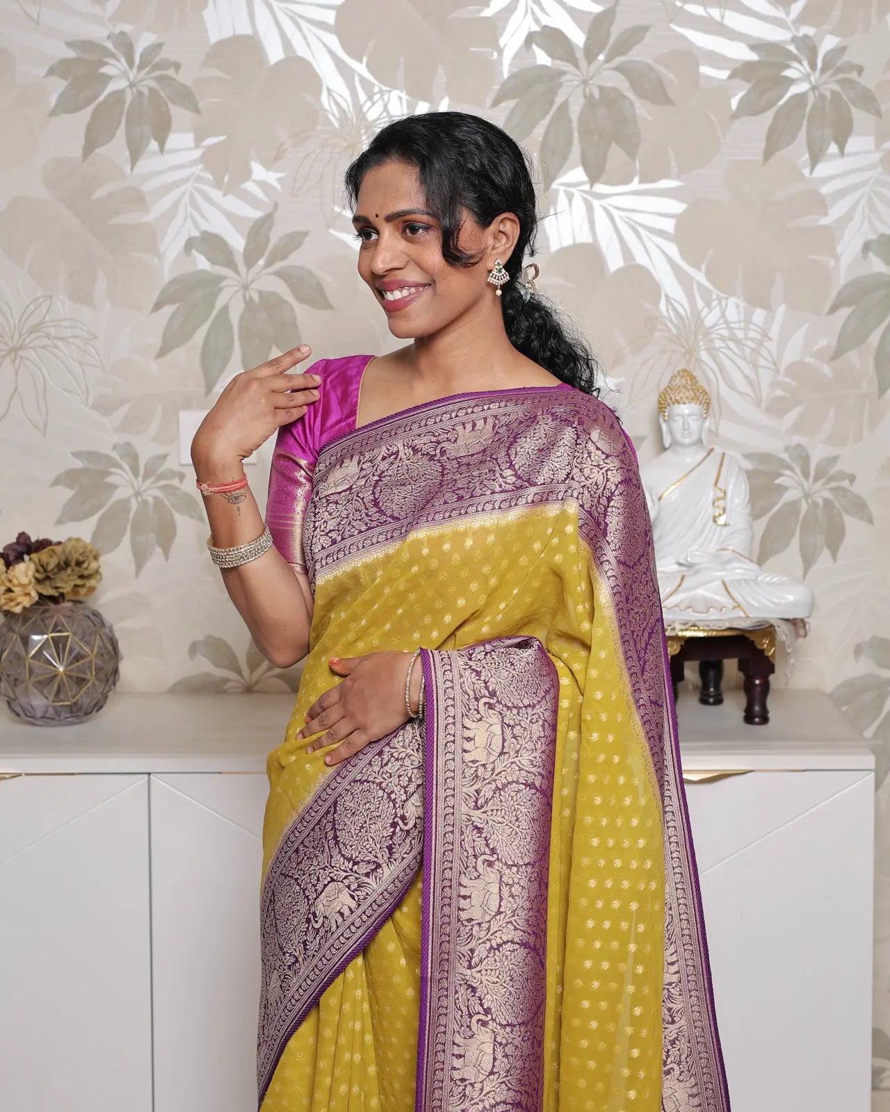 Khadi Georgette Saree – Green & Purple 