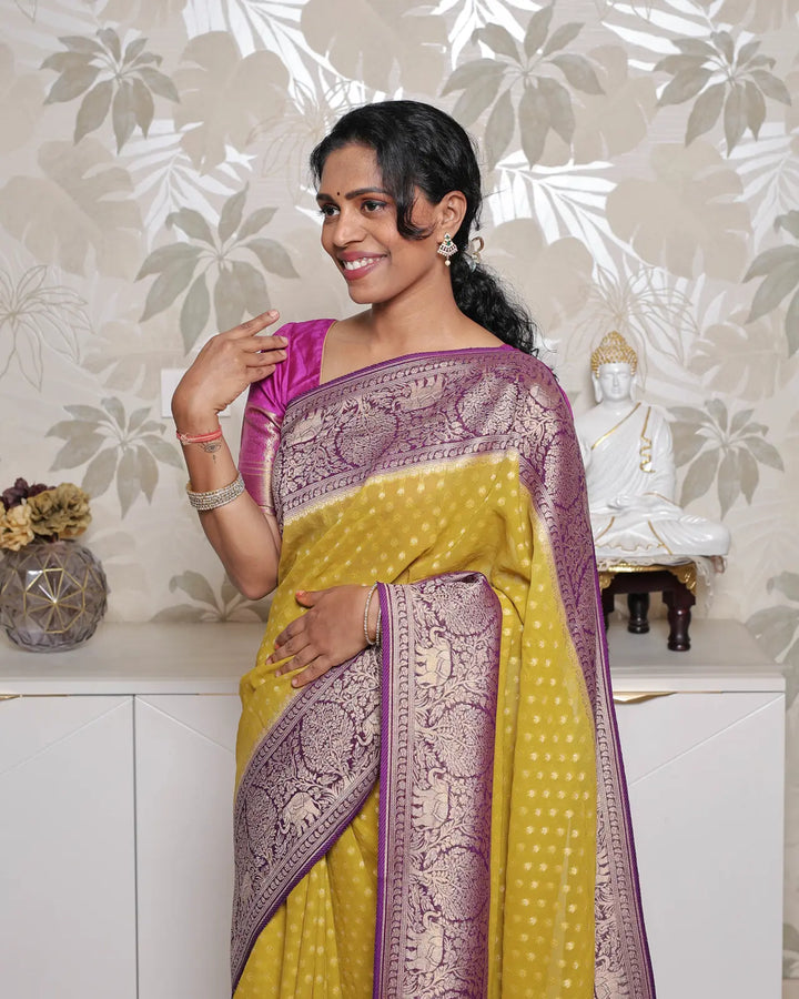 Khadi Georgette Saree – Green & Purple 