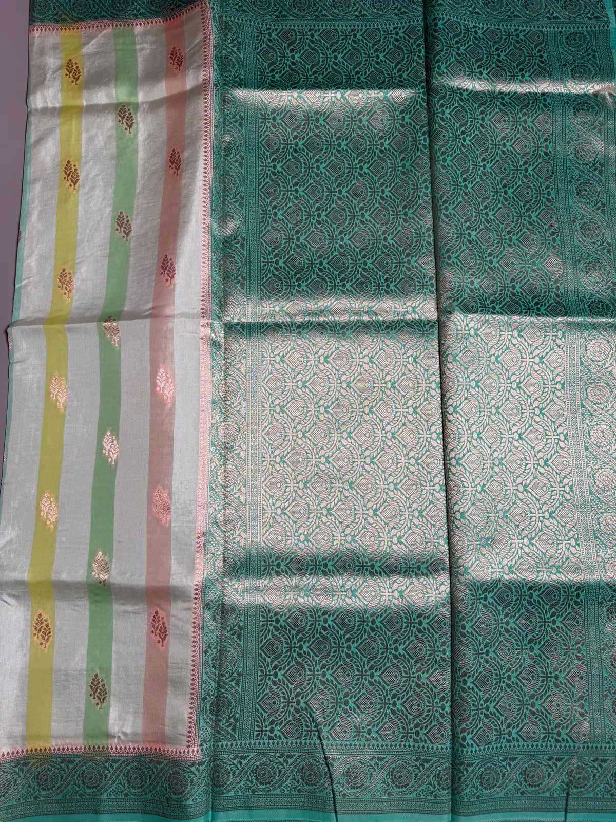 Pastel Striped Saree with Rama Green Border & Rich Brocade Pallu