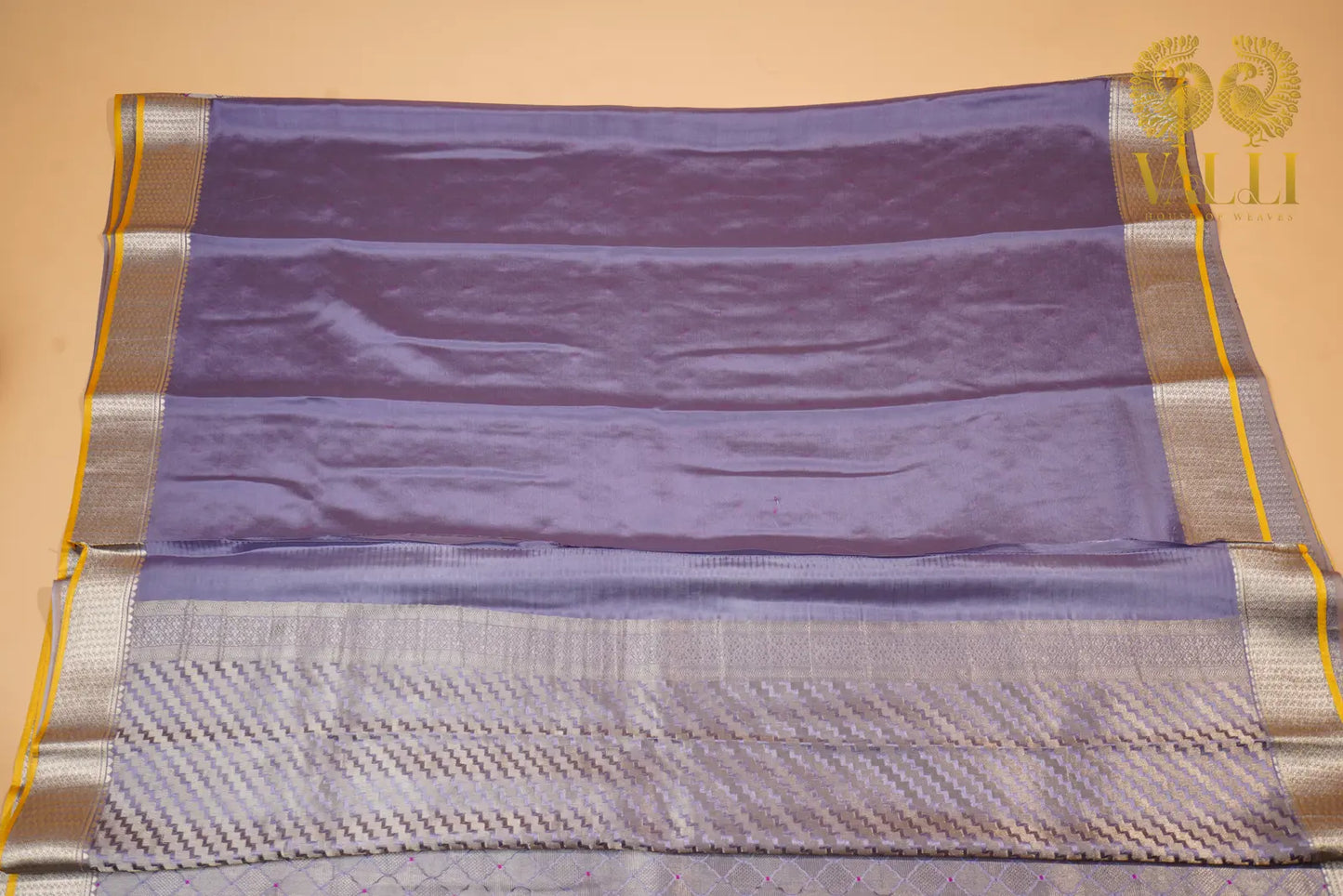 Greyish Lilac Banarasi Crepe Silk Saree with Yellow Selvage