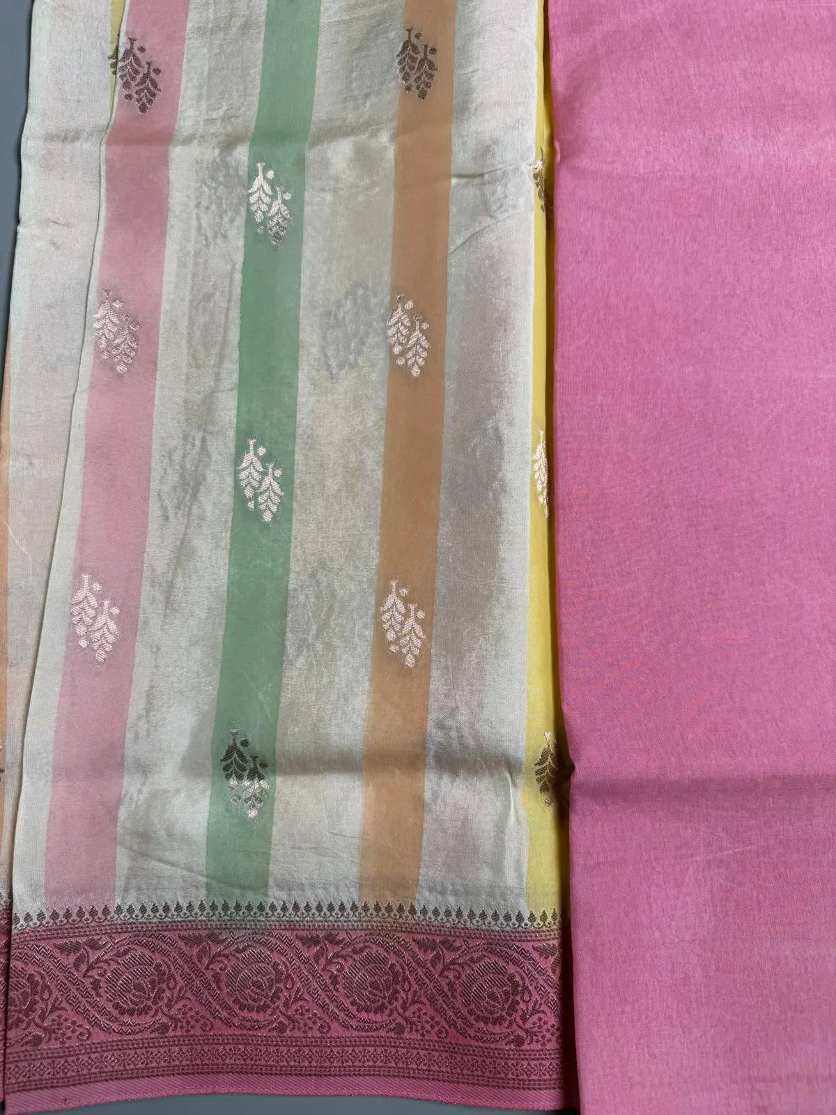 Pastel Striped Saree with Baby Pink Border & Rich Brocade Pallu