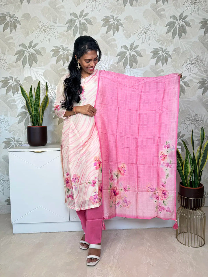 White Silk-Finish Digital Floral Print Salwar Set with Pink Dupatta