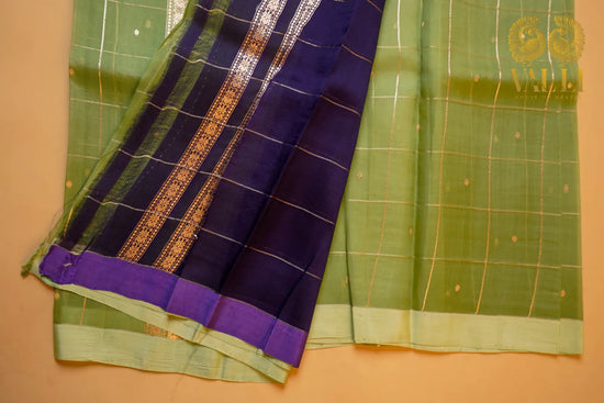 Pista Green Kora Organza Saree with Contrast Purple Checked Blouse