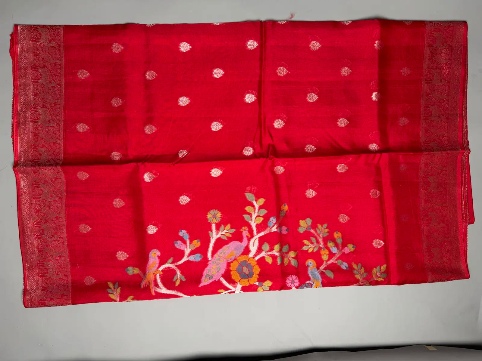   Red Banarasi Tussar Georgette Saree with Shikargah Pallu