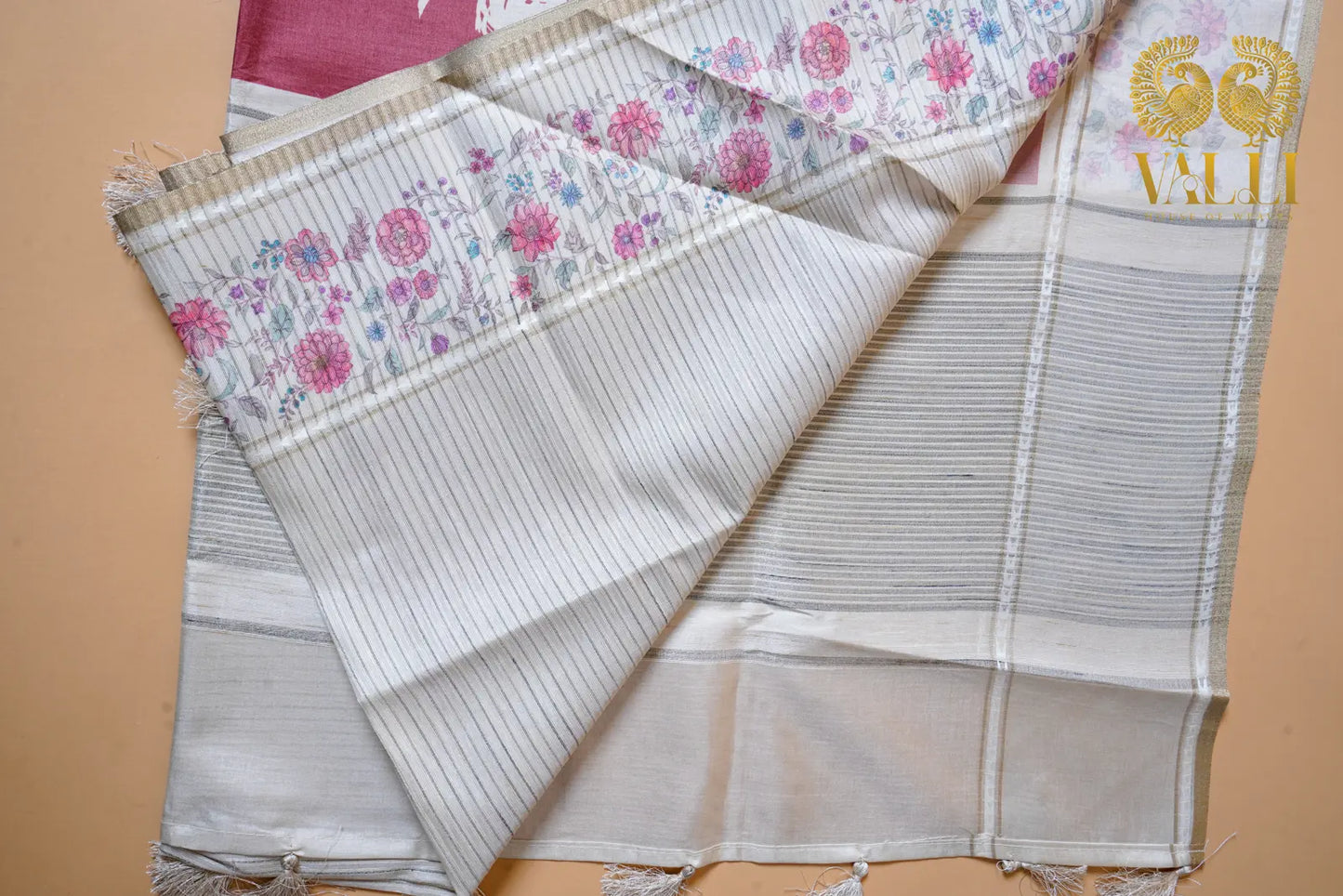 Peach tussar saree digital print 